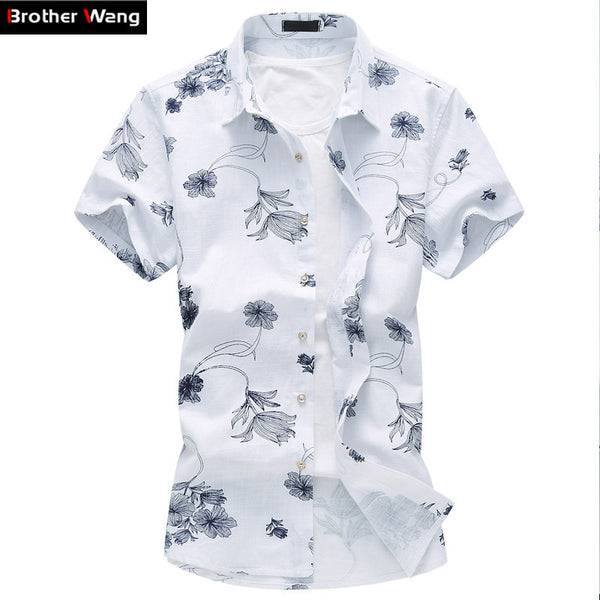 Summer New Men's Linen Shirt 2017 Fashion Casual Male Short Sleeve Flower Shirt.