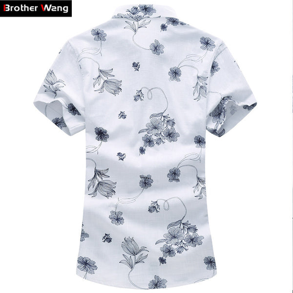 Summer New Men's Linen Shirt 2017 Fashion Casual Male Short Sleeve Flower Shirt.