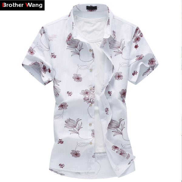Summer New Men's Linen Shirt 2017 Fashion Casual Male Short Sleeve Flower Shirt.
