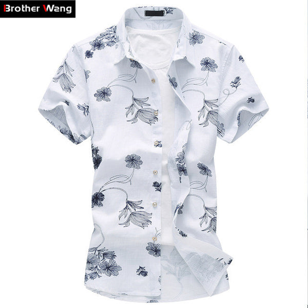 Summer New Men's Linen Shirt 2017 Fashion Casual Male Short Sleeve Flower Shirt.