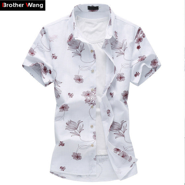 Summer New Men's Linen Shirt 2017 Fashion Casual Male Short Sleeve Flower Shirt.