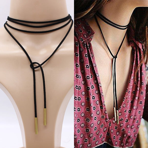 Luxury hollow Ethnic Choker Necklace Gothic Charm Long rope boho Black Leather.
