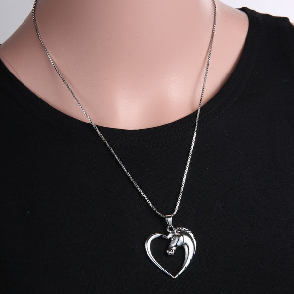 Fashion New jewelry plated white K Horse in Heart Necklace.
