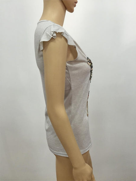 Fashion T shirt Women Bling Sequined 3D Butterfly V-Neck Petal Sleeve.