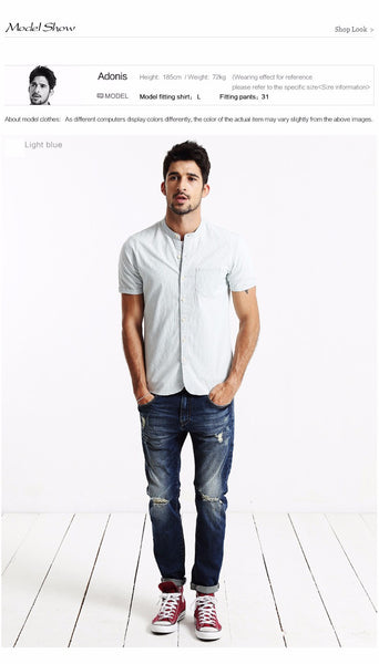 Summer Men Casual Shirts Short sleeved Denim Shirt.