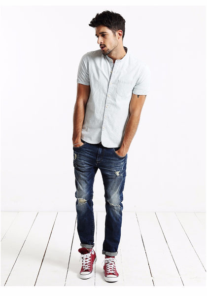 Summer Men Casual Shirts Short sleeved Denim Shirt.