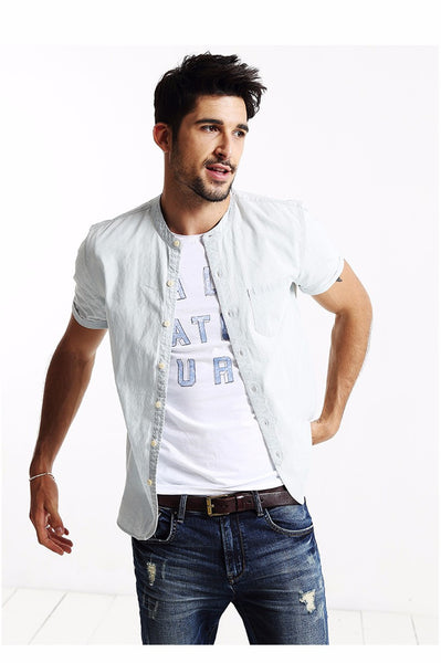 Summer Men Casual Shirts Short sleeved Denim Shirt.