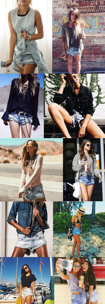 Simplee Apparel 50's Vintage ripped hole fringe blue denim shorts women.