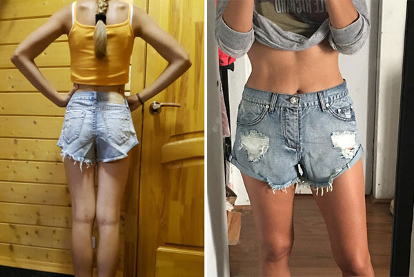 Simplee Apparel 50's Vintage ripped hole fringe blue denim shorts women.