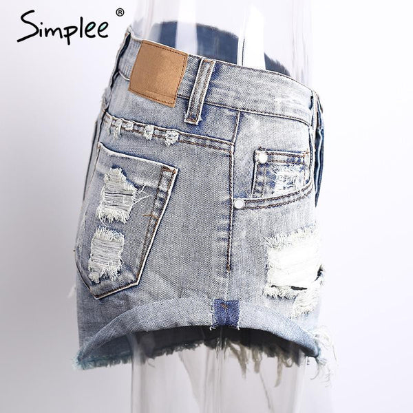 Simplee Apparel 50's Vintage ripped hole fringe blue denim shorts women.