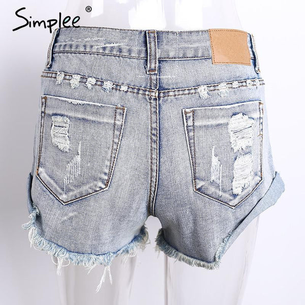Simplee Apparel 50's Vintage ripped hole fringe blue denim shorts women.