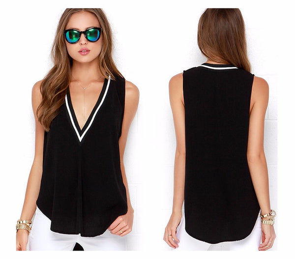Womens V neck Striped Black Tops Irregular New Fashions Sleeveless Lady Summer T-shirts for wholesale