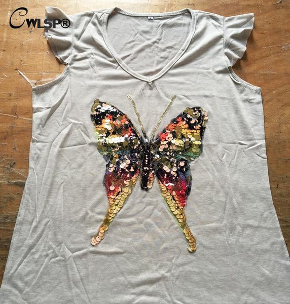 Fashion T shirt Women Bling Sequined 3D Butterfly V-Neck Petal Sleeve.