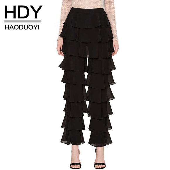 New Women Fashion Casual Loose Solid Black Ruffle Straigh Vintage Elegant  Mid-rise Long Flare  Pants.