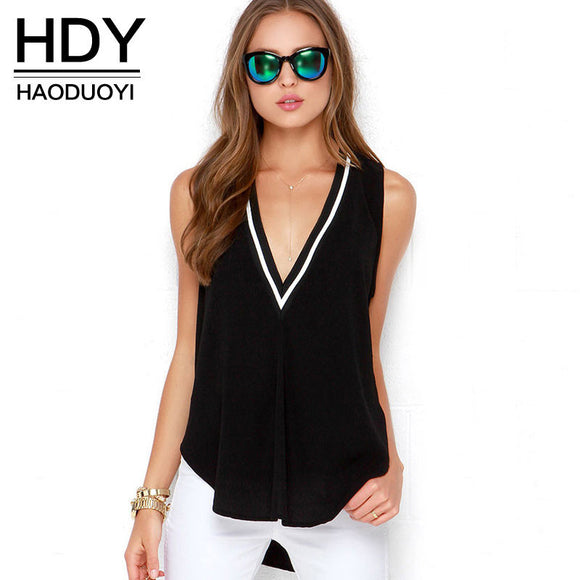 Womens V neck Striped Black Tops Irregular New Fashions Sleeveless Lady Summer T-shirts for wholesale