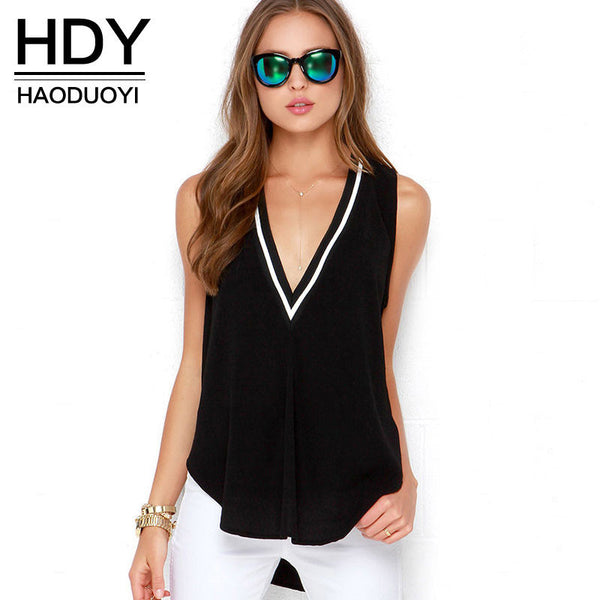 Womens V neck Striped Black Tops Irregular New Fashions Sleeveless Lady Summer T-shirts for wholesale