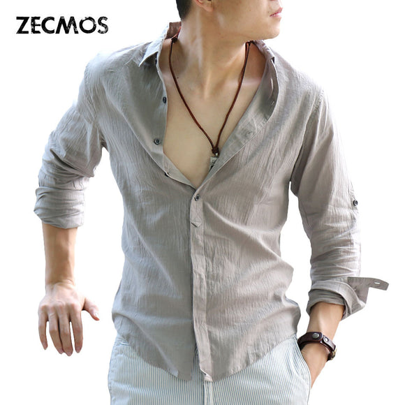 Zecmos Cotton Linen Shirts Man Summer White Shirt.