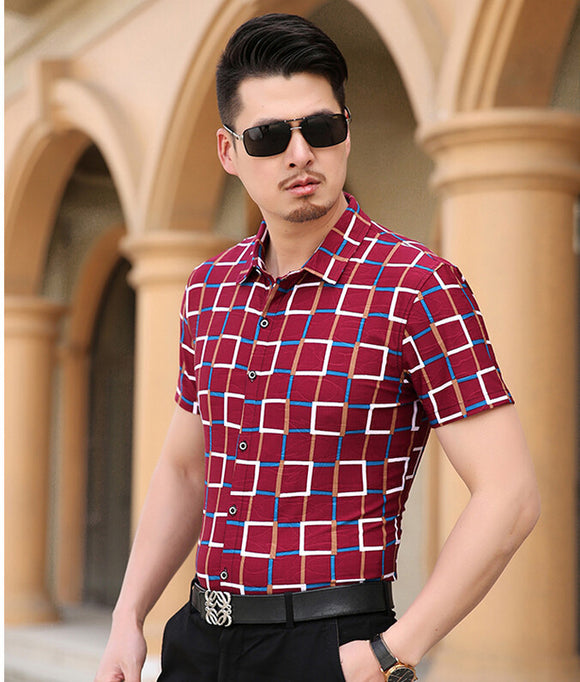 summer style plaid shirts men shirt short sleeve casual shirt men good quality cotton silk Tops.