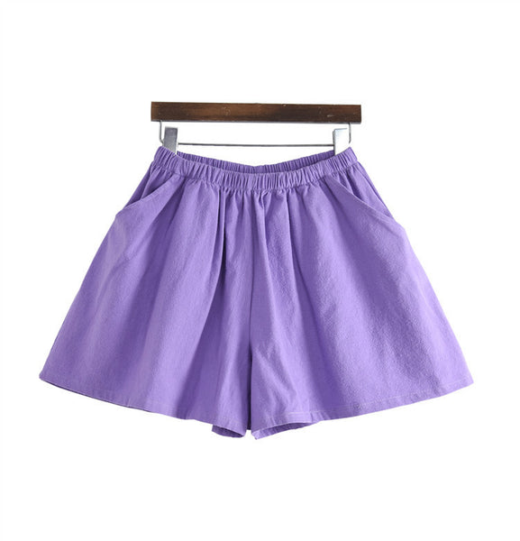 Cotton Linen Elastic waist Women Shorts Skirts Solid White Blue Loose Casual Summer Shorts.