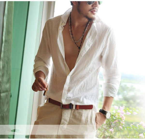 Plus Size Shirts Cotton Linen Men Shirt Long Sleeve Summer Style Hawaiian Shirts Sexy Slim Fit.